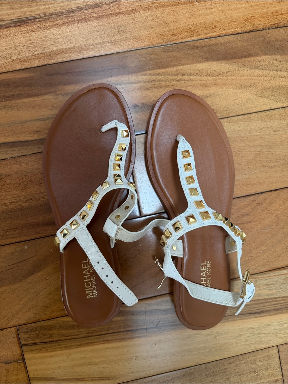 Michael Kors White Leather Studded T-Strap Sandals